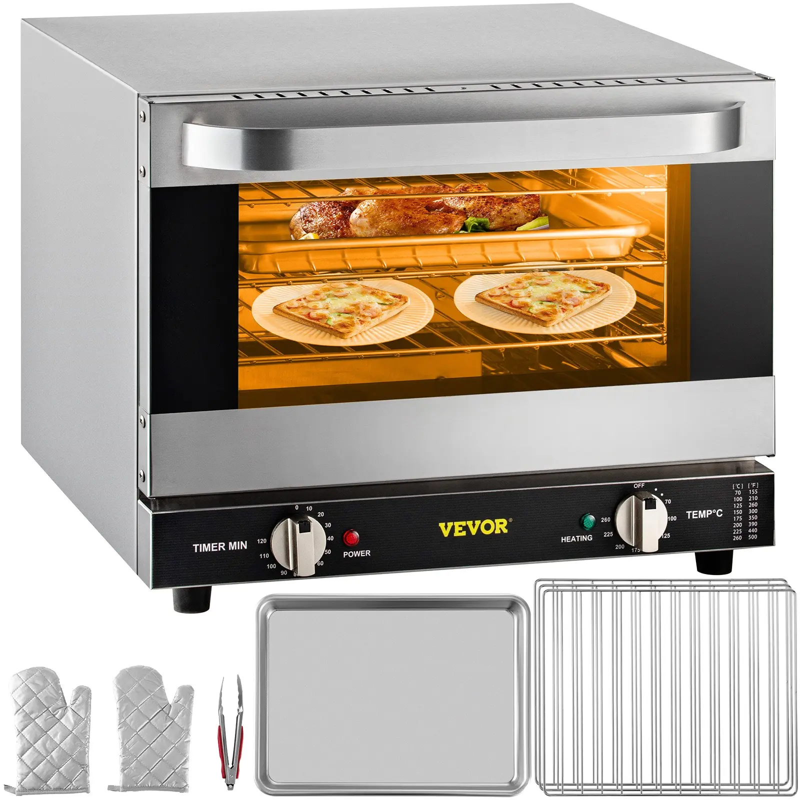 VEVOR Commercial Convection Oven, 21L/19Qt, Quarter-Size Conventional Oven Countertop, 1440W 3-Tier Toaster with Front Glass Door, Electric Baking Oven with Trays Wire Racks Clip Gloves, 120V, ETL Li