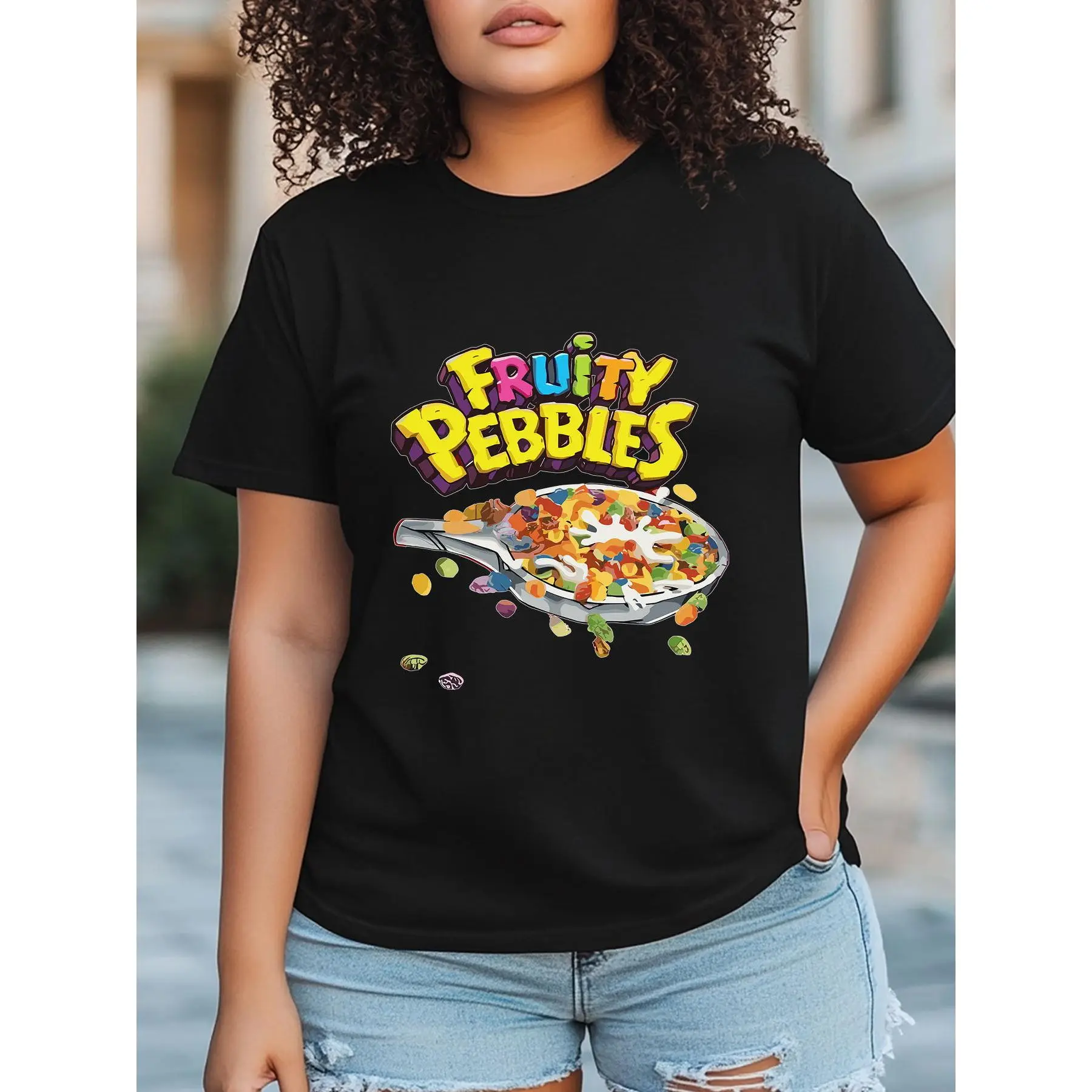 Women's 180g Loose Black Cotton Round Neck Short-Sleeve Graphic Tshirt - Fruity Pebbles Fruit Print Casual Wear Top, 180g Knit, Digital Print, Dry Clean Ideal for Breakfast-Inspired Design Lovers, Baggy, Basic