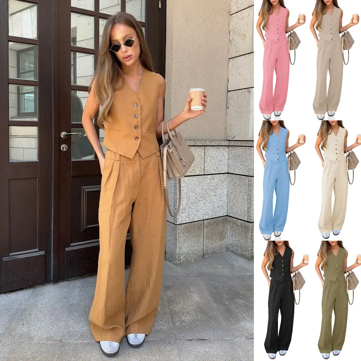 Goranbon Women's 2-Piece Formal & Casual Suit Set, V-Neck Crop Vest Blazer, Wide Leg Pants, Elegant Comfortable Clothes, Elegance, Blouse