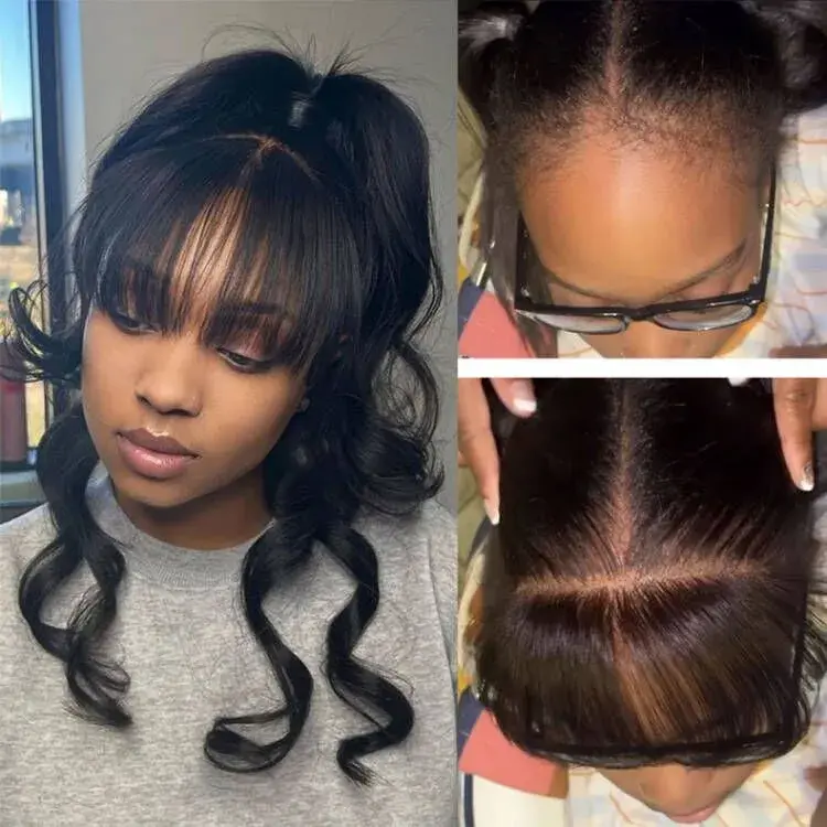 100% Human Hair Glueless HD Lace Closure Bangs 1*6 baby hair pieces Knotless Wig