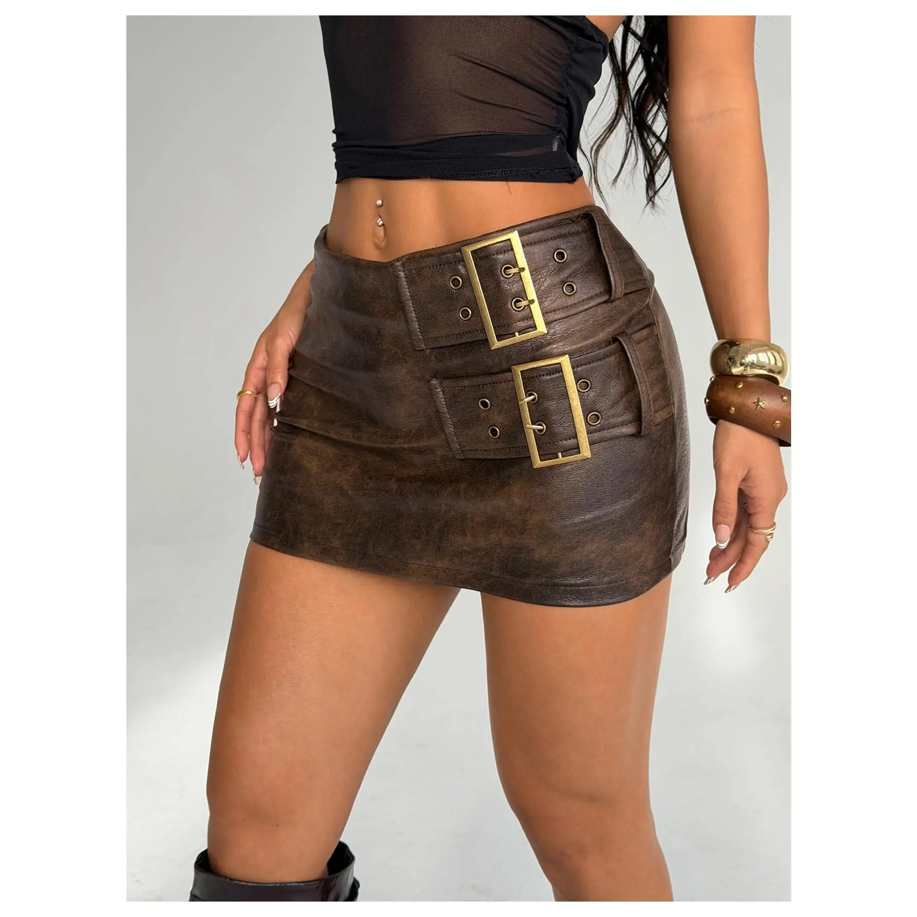 Faux Leather Mini Skirt for Women, Casual Bodycon Low Waist Fit with Buckle, Stretch Fabric for Party, Club, and Beach Outfits, Blouse, Bottom, Cropped, Slim