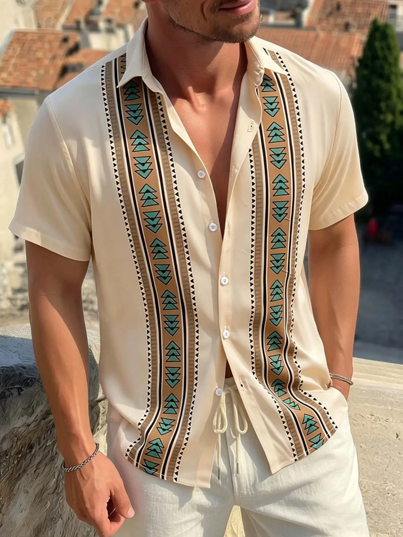 Trendy Men's Boho Aztec Geometric Print Short Sleeve Shirt, Casual Loose Fit Button Down Hawaiian Top with Tribal Pattern, Lightweight Breathable Summer Shirt for Vacation, Beach & Street Style #MensTribalShirt #BohoFashion #SummerStreetwear