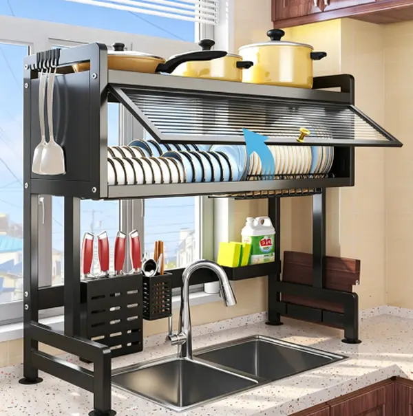 Adjustable Multi-Tiered Expandable Rectangle Rustproof Fast-Drain Slots Dish Drying Rack - Over-Sink Kitchen Accessories, Space-Saving Compact Organizer, Divided Plate Drainage Board, Dish & Bowl Divider, Adjustable Storage Rack