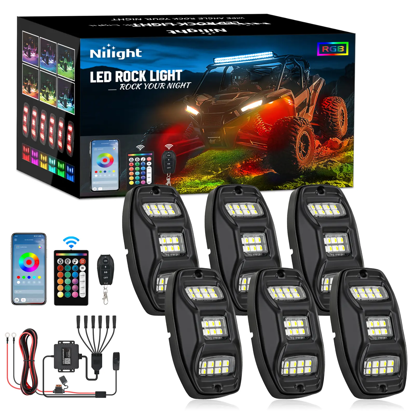 Nilight RGBW LED Rock Lights Kit with Aluminum Housing, 6 Pods (22 LEDs Each), Wide-Angle Remote & Bluetooth App Dual Control, Music Sync, Plug-&-Play Multicolor Underglow Neon Off Road Accessories for ATV/UTV