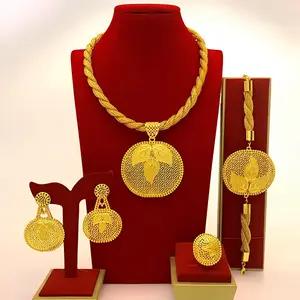 Dubai Style gold-plated Jewelry Women Fashion Luxury Elegant Bride Wedding Party Necklace Earring Ring Bracelet Four-Piece Set