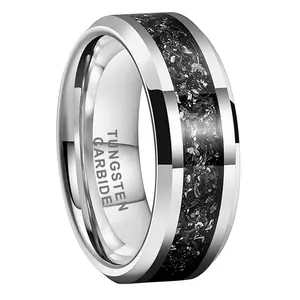 Silver & black Tungsten Wedding Band 8mm, Polished Comfort Fit Ring with Dark Stone Inlay, Scratch Resistant Men & Women Promise Ring