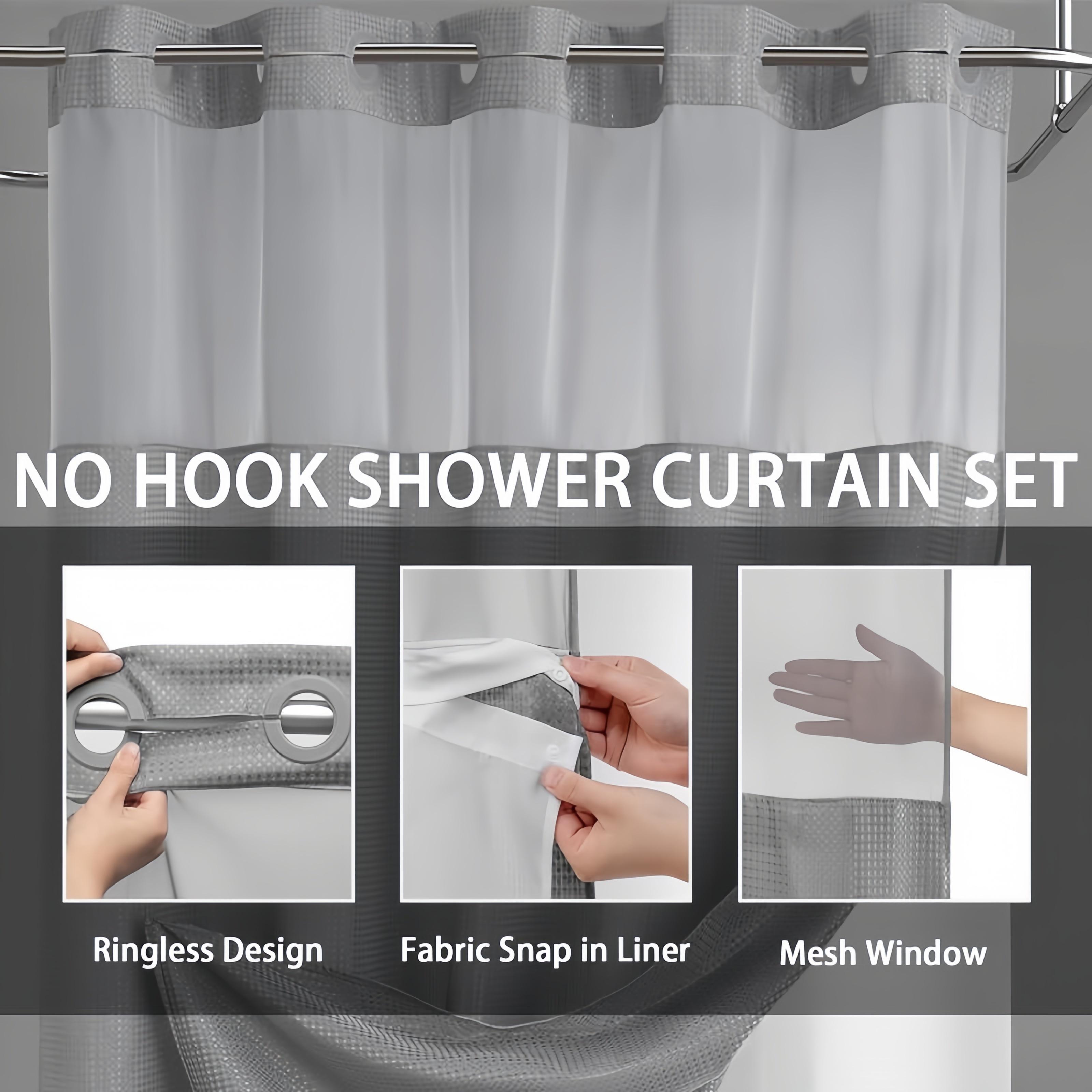 Grey Double Layer Waffle-Pattern Shower Curtain - No Hook Snap-in Liner, Fabric Waterproof Inner & Washable White Outer Cloth, Modern Bathroom Accessory for Home/Hotel/Salon/Dorm, 72x75 Inch