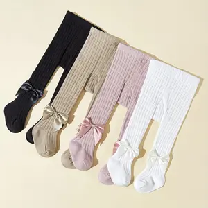 3/4 Pack of Solid Color Knitted Tights for Baby Girls, Spring And Autumn Style with Bow Decoration.