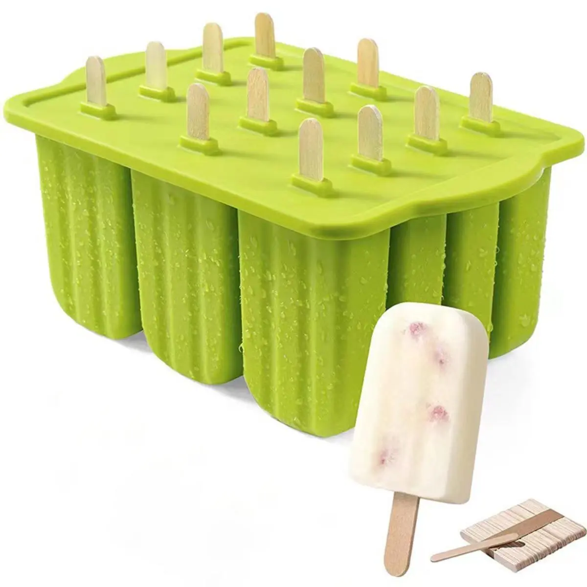 12-Cavity Popsicles Molds with Easy Release, Rectangular Ice Pop Maker Tray Kit for Homemade Treats with 50 Sticks, 50 Bags & Brush, Food, Utensils, Home, Green — Includes 50 Wooden Sticks