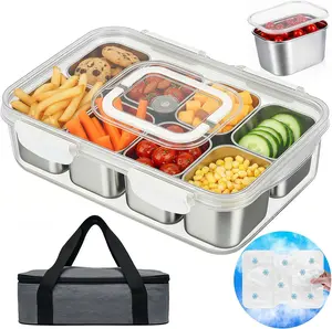 Snackle Box Container with Ice Pack Stainless Steel,Portable Snack Boxes with Lid and Insulated Bag,8 Compartment Snackle Storage Divided Serving Tray Beach Road Trip Picnic for Fruit Charcuterie