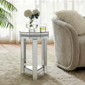 Silver Mirrored End Table, Octagon Side Table With Crystal Inlay, Modern Gorgeous Coffee Table for Living Room Bedroom