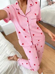 Women's Short Sleeve Long Pants Pajama Set, Striped Heart Full Print, Soft Breathable Casual Home Wear Loungewear Nightwear Pjs