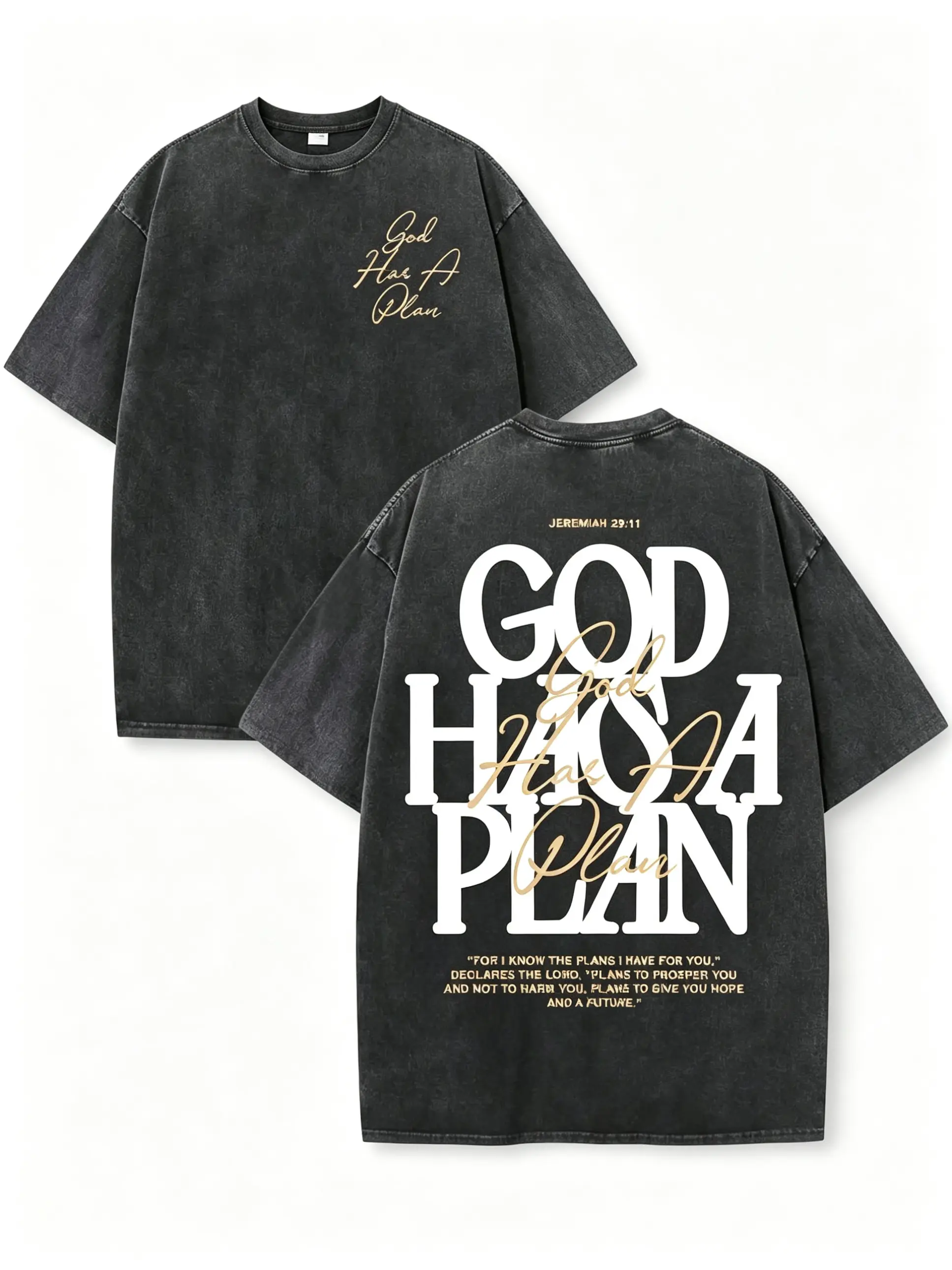 Vintage Washed God Has A Plan T Shirt Jeremiah 29:11 Double Sided Print Oversized Christian Faith Graphic Tee Unisex Streetwear Black Round Neck