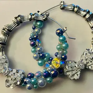 Small Bamboo Hoop Earrings with Rhinestone Bow and Iridescent Blue Pearls for Women