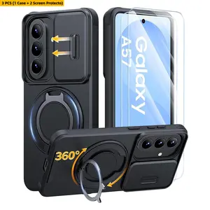 for Samsung A57 A37 A17 A56 A36 A16 A26 A55 A35 A15 A54 A14 A07 5G Phone Case with 2 Pack Screen Protector, Military Protection Shockproof Samsung Galaxy A57 Phone Case with Slide Camera Cover & 360° Rotating Kickstand