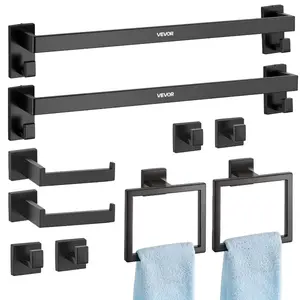 VEVOR Matte Black Stainless Steel Bathroom Hardware Set, 5-Piece Wall-Mounted Bath Accessories Including 24-in Towel Bar, Towel Rack, 2 Robe Hooks, Toilet Paper Holder