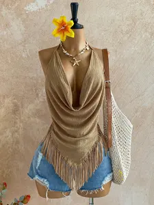 Women's Vintage Sexy Wasteland Style Cowl Neck Halter Top, Ruffled Irregular Hem with Fringe, Trendy Summer Vest