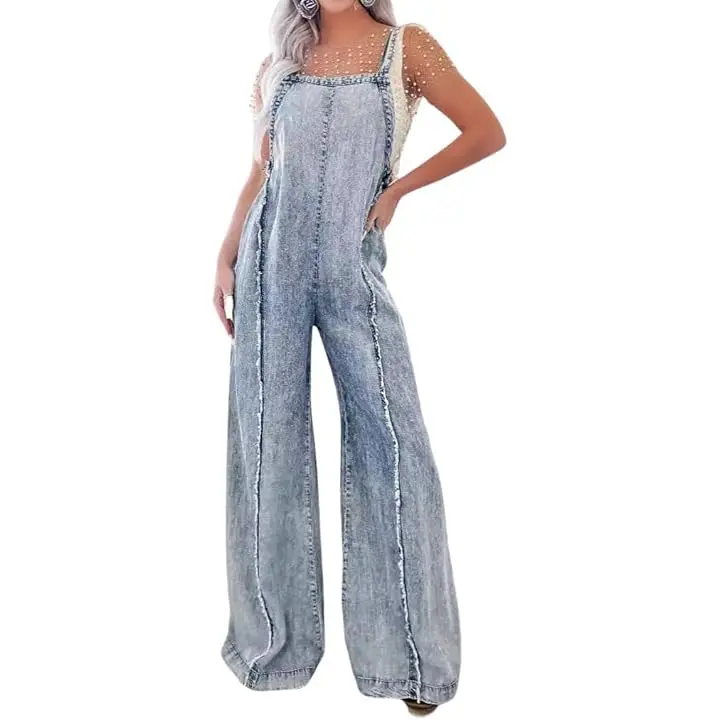 Women's Retro Street Denim Overalls, Casual Loose-Fit Workwear Style with a Brushed Finish and Wide Legs for Holiday Wear, Lady, Strappy