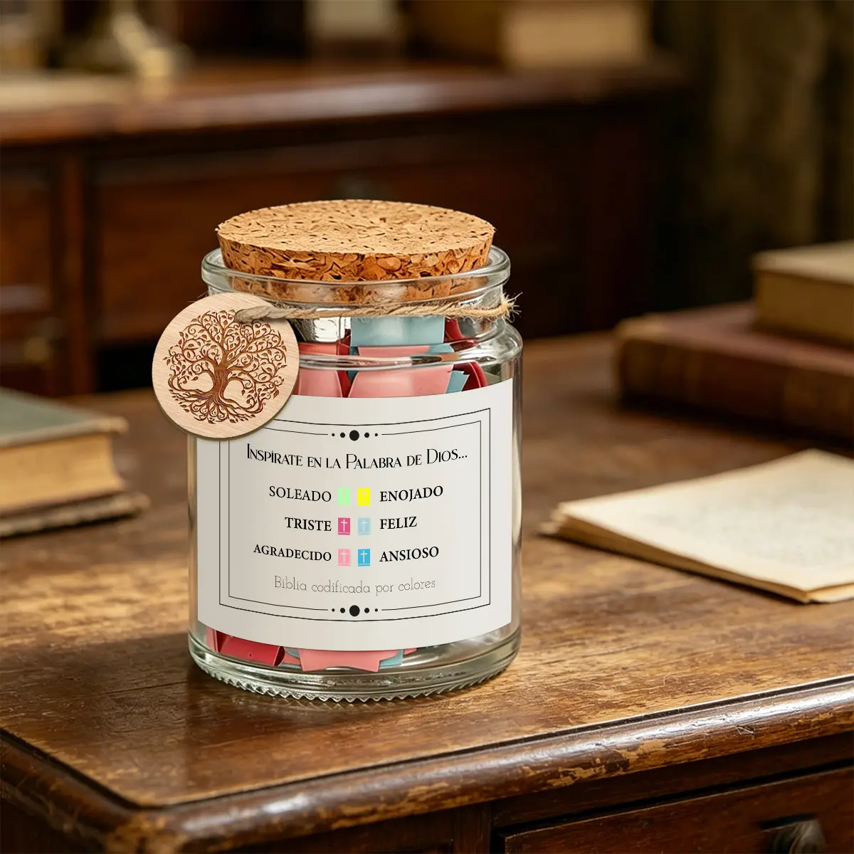 1 Set Emotional Spanish Bible Verse Jar with Color Coded Scripture Cards, Inspirational God’s Word Notes in Spanish for Different Moods, Christian Religious Gift, Wooden Tree of Life Charm, Cork Lid Glass Prayer Jar