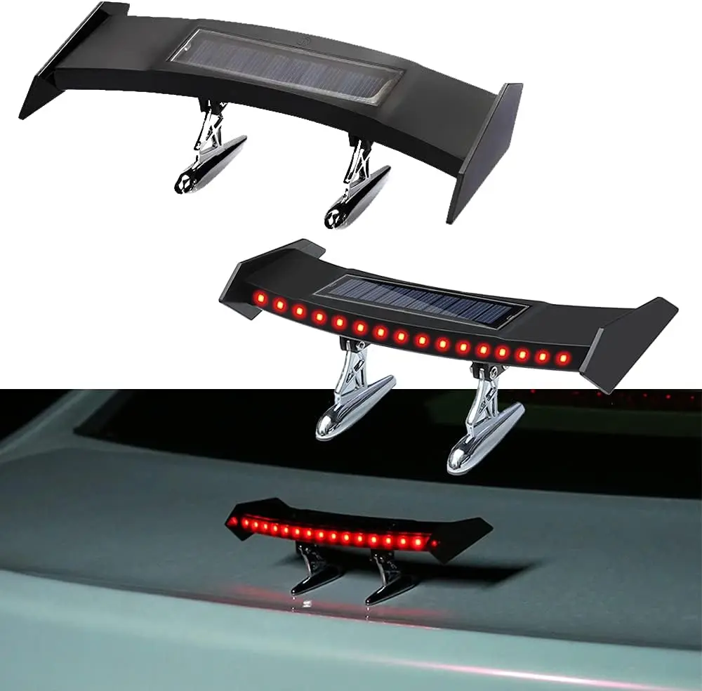 Universal Fit Car Mini Rear Spoiler - ABS Plastic Auto Modification Part with Solar Lights, Self-Adhesive No-Drill Rear Mounting Warning Flasher