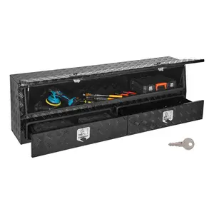 fathersdaygift VEVOR Contractor Truck Tool Box, 72x 21x 13 in, Black Tread Aluminum TopSider Toolbox with Two Lower Drawers, Flip Up Door, Weather-Resistant Heavy Duty Storage Box with Latch, for Truck Bed Pickup