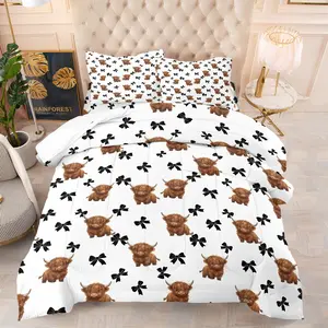 Cute Highland Cow & Black Bow Print Quilted Comforter Set, 1 Comforter + 1/2 Pillowcases, Soft Comfortable HD All-Season Coquette Bedding for Girls Teens, Perfect for Bedroom, Dorm & Trendy Home Decor