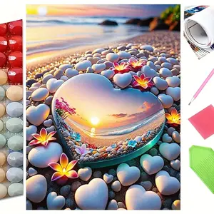 Heart-Shaped Mirror on Beach at Sunset 5D Full Drill Diamond Painting Kit – Romantic Coastal Design with Shimmering Gold & Pastel Accents – Serene Love Nature Art DIY Wall Decor – Ideal Gift for Romantic & Craft Enthusiasts