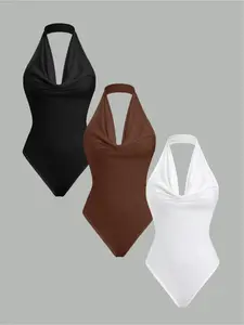 Spring Summer New Elegant Comfortable Halter Neck Women's Jumpsuit Set, Sexy Fitted Three-Piece, Plain Style, Bodysuits