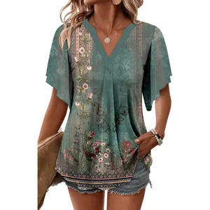 Onlypuff Womens Double Layered Tunic Tops Half Sleeve Floral Double Layered Sheer Flowy Blouse Round/V Neck Casual Shirts