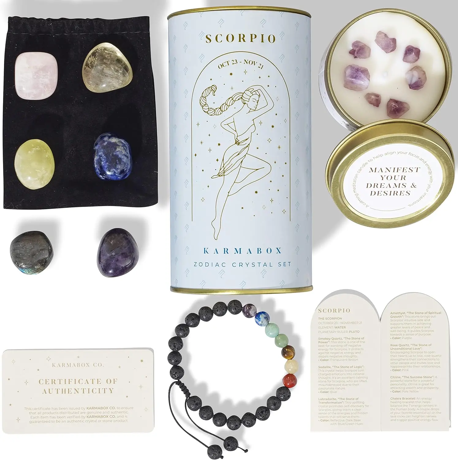 SCORPIO Zodiac Crystal Set - Healing Stones & Tumbled Crystals Gift Box - Astrology Gifts for Women, Spiritual Birthday Gifts, Horoscope Manifestation Kit with Healing Bracelet, Stones for Meditation, Wellness & Energy Balancing, Unique Celestial
