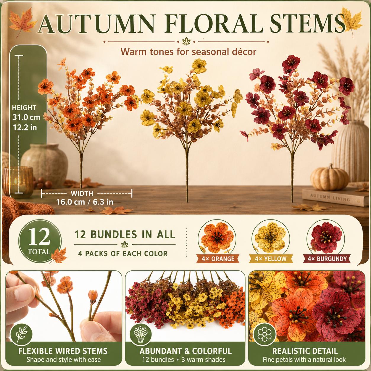 12 PCS UV-Resistant Fade-Proof Artificial Fall Daisy Silk Flowers with Realistic Green Leaves & Real-Leaf Detail, Home Decor Ornaments for Front Porch, Autumn Thanksgiving (Home Supplies, Outdoor Use)