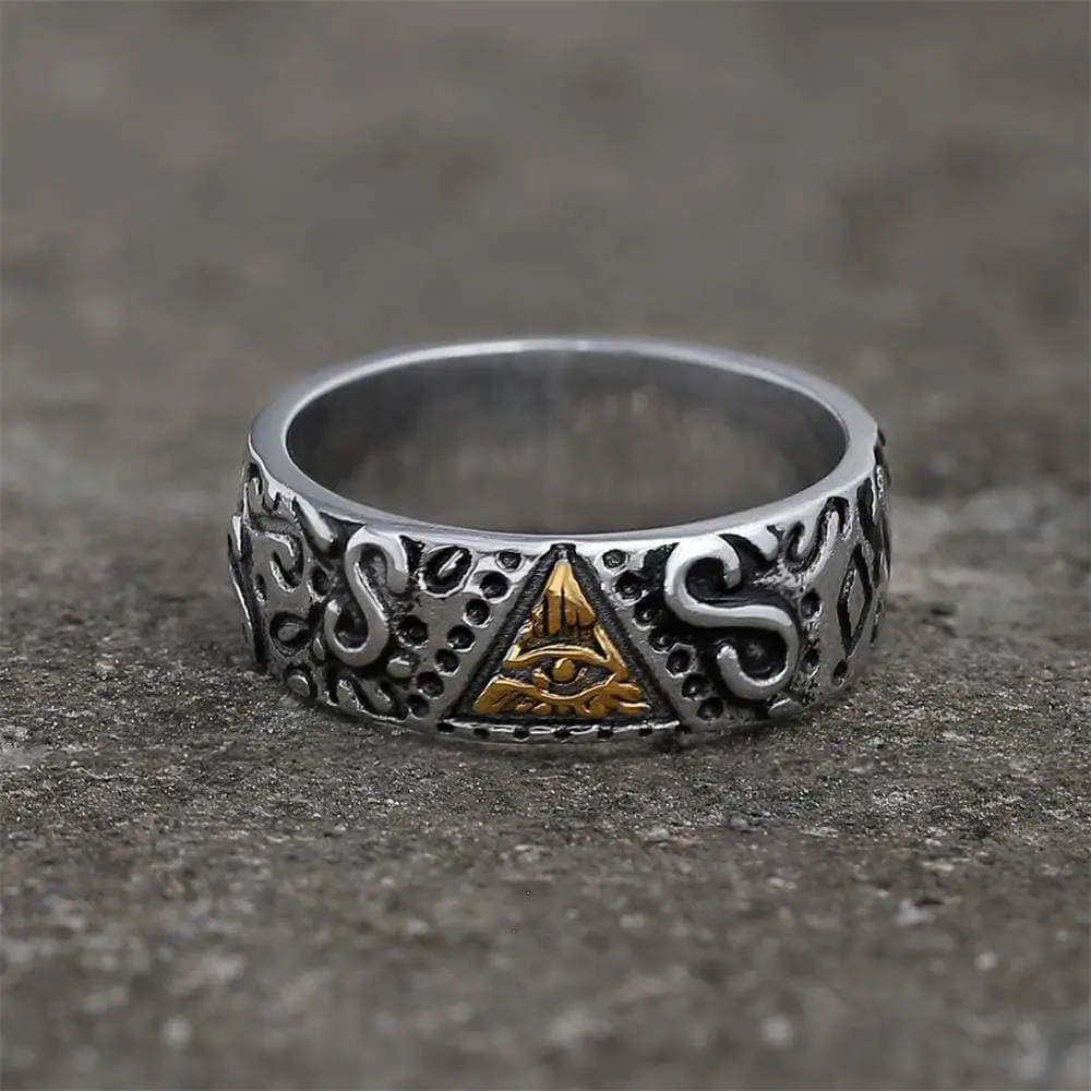 GTHIC Unisex 6g Vintage Triangle Eye of Providence Masonic Statement Ring - Stainless Steel Geometric Design Eye Symbol Vintage Rings Jewelry for Daily Wear, Geometric Design Ring