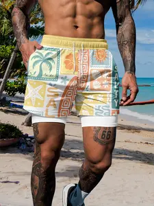 Double Layer Anti-Slip Beach Shorts, Swim Shorts, Vintage Salty Patchwork Quick-Dry Surfing Casual Shorts, Drawstring Waist Fitted Style Swim Bottoms