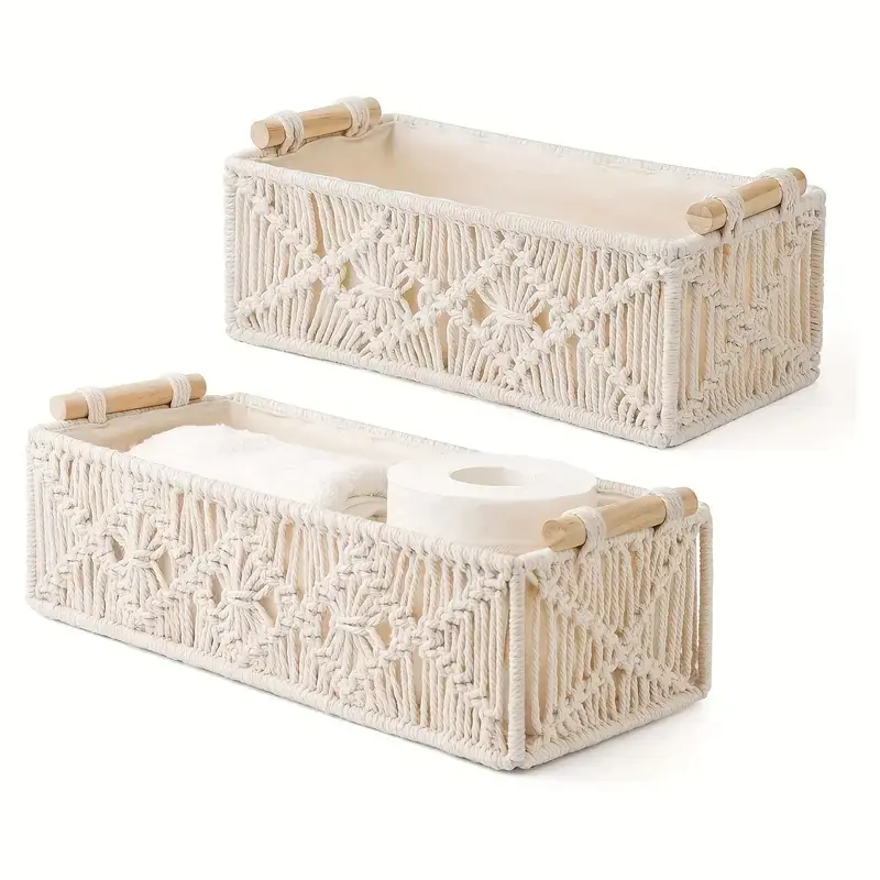 Boho Style Woven Storage Basket, 1 Count Woven Storage Basket with Wooden Handle, Home Organizer for Living Room Bedroom Bathroom, Portable Storage Basket, Storage for Organizing, Woven Baskets