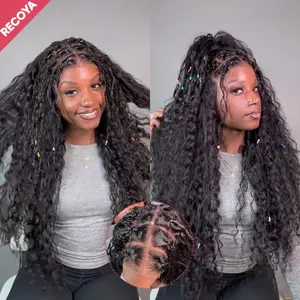 RECOYA Boho Braided Wigs Human Hair Glueless Pre Cut 7x6 HD Transparent  Lace Closure Wigs for Black Women Pre Braided Knotless Box Braids with Curly Ends Water Wave Human Hair Wigs Ready to Wear costume party decor