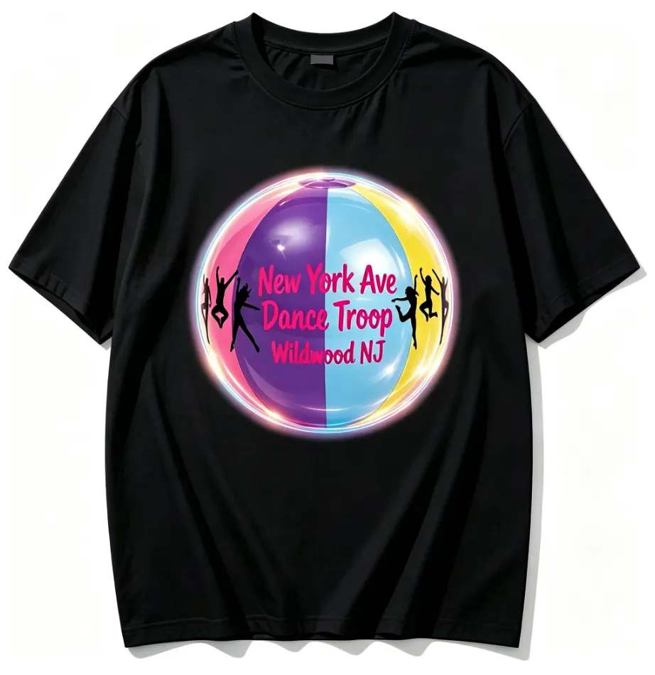 Women's Casual T-Shirt in Pure Cotton, Short Sleeve Crew Neck with Colorful Beach Ball Dancer Dance Logo Print