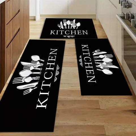 Fall-Themed Decorative Kitchen Rugs Sets - Anti-Skid, Dirt-Resistant, All-Surface Art Contrast Pieces with 2D Black Utensil (Fork-Included) Print, Black Accent Aesthetic Rugs for Kitchen, Bathroom, Black Accent Kitchen Rugs
