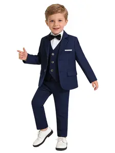 【LUOBOKIDS】 Boys Junior Formal Fitted Suit Set, Classic Sets, Vest, 4-Piece Wedding Birthday Communion Graduation Performance Essential, Plain Regular Length Blazer（No shirts included） Solid Color Suits, Outfit Sets