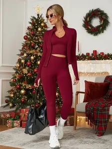 Women's Sporty Three-piece Set, Top & Leggings & Open Front Outerwear for Yoga Gym Workout Running, for All Seasons, Daily Wear, High Stretch, Athleisure Activewear Set, Activewear Clothing