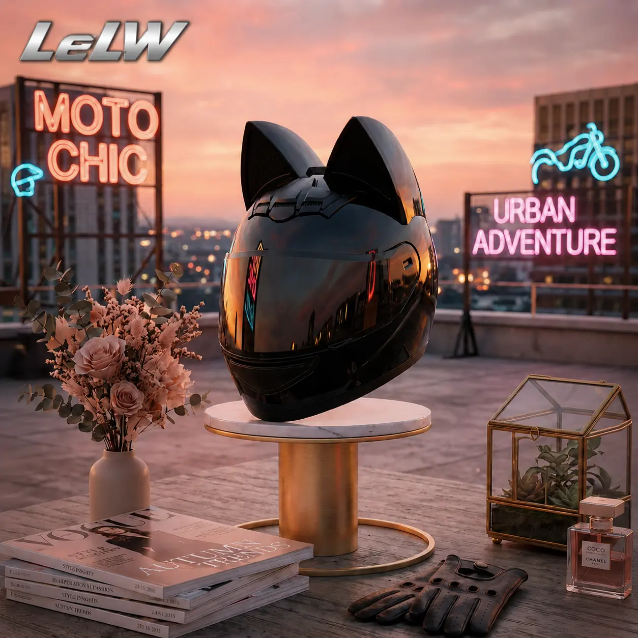 LeLW Personalized Cat Ear Full Face Motorcycle Helmet for Adults DOT Certified FMVSS 218 Approved Motorcycle Riding Helmet for Men and Women Cute Stylish Street Bike Helmet All Season Protective Gear Lightweight Comfortable Custom Helmet