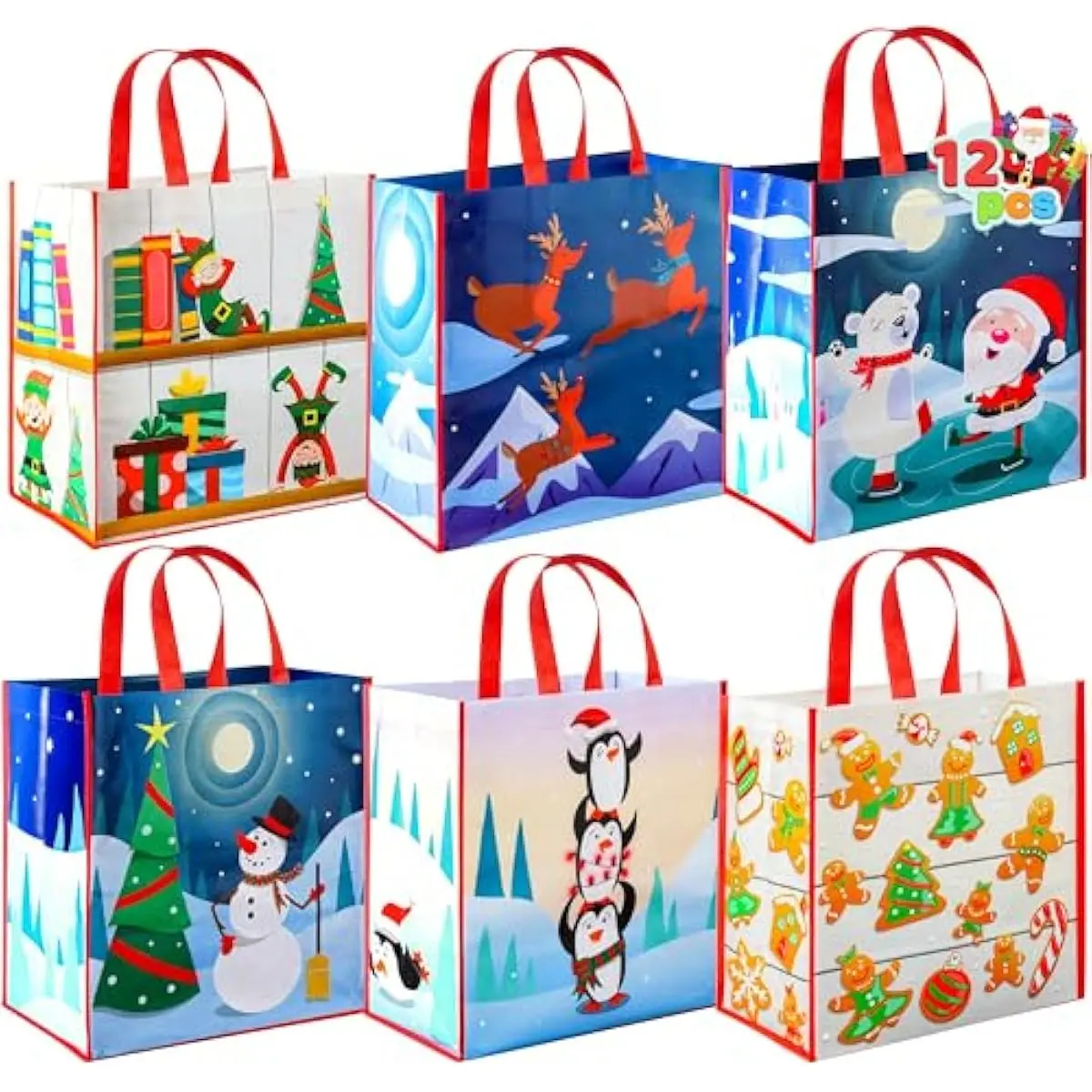 12 PCS Christmas Large Gift Bags with Handles 13.75" x 14", Non-Woven Tote Bag for Wrapping Xmas Party Favors, Reusable Grocery Bags, Party Supplies