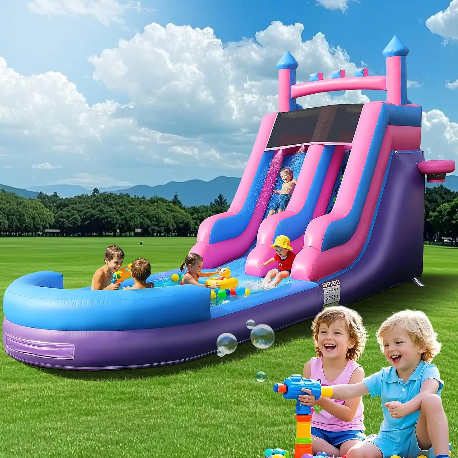Inflatable Water Slide for Adults, 26FT 100% PVC Waterslide with Big Splash Pool, Widen Slide with Shallow Pool, 950W Air Blower, Ideal for Backyard, Park (26FT - Purple)