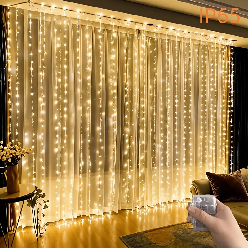 LED Curtain Fairy Lights,  Waterproof Hanging Window Curtain String Lights with Remote, Warm White Hanging Waterfall Lights for Bedroom Wall Decor, Indoor Outdoor Wedding Party Backdrop, Christmas Holiday Ambient Lighting