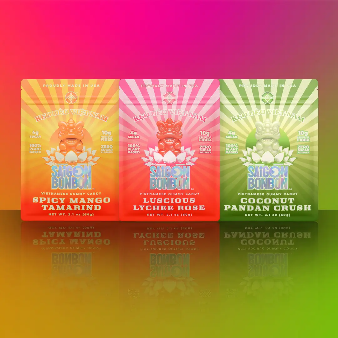 Saigon Bonbon Clean Plant-based Vietnamese Gummies, Creamy Soft Fruity Candy Snack with Coconut, 3-Pack