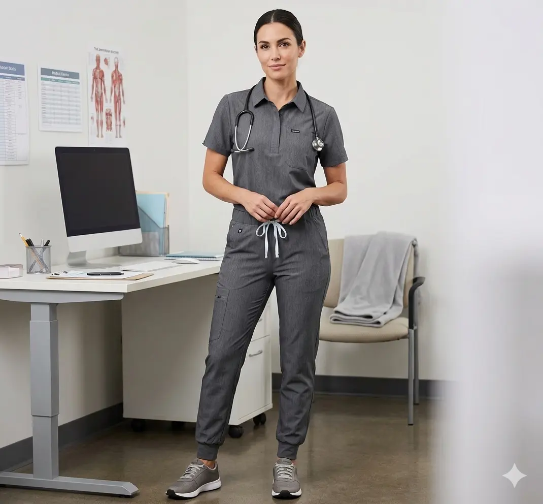 Lady's Regular Fit Spandex Workwear Uniforms, Women's Stylish Slim-Top Polo Scrubs Set