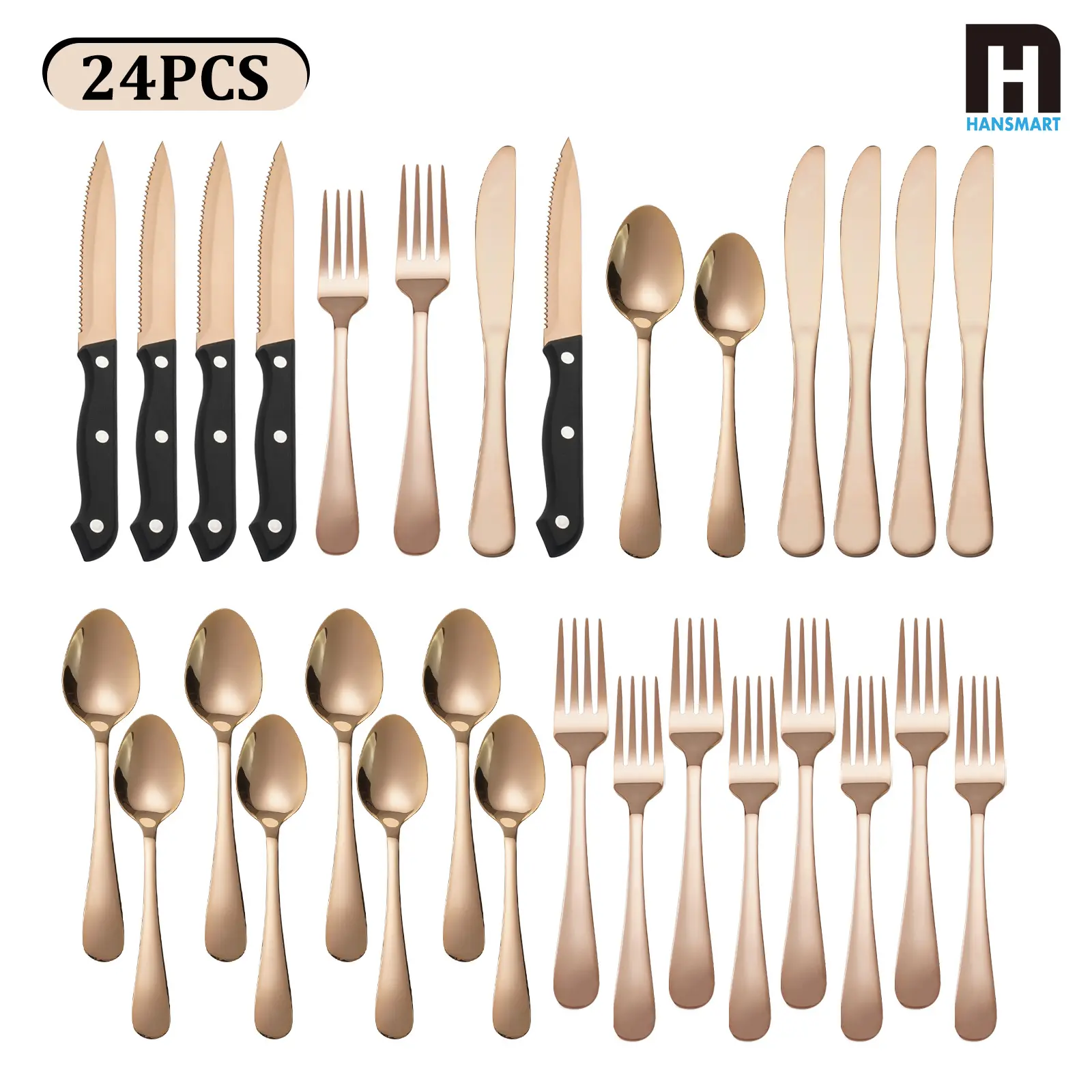 24-Piece Rose Gold Stainless Steel  Flatware Set, Dishwasher Safe Silverware Set with Steak Knife for 4 People, Elegant Cutlery Set, Mirror Polished, Ideal for Home, Kitchen, Wedding, Celebrations Tableware