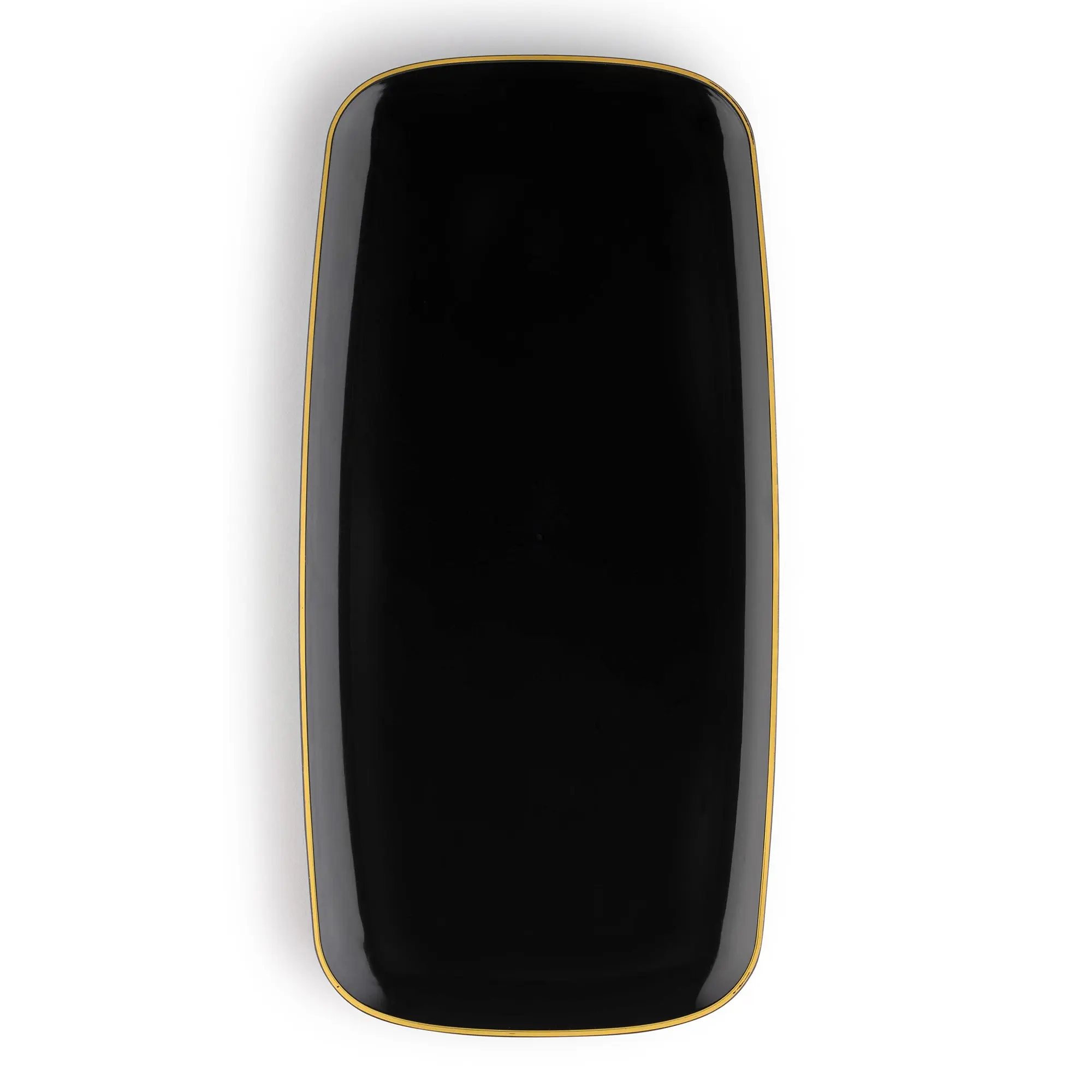 Black with Gold Rim Flat Raised Edge Rectangular Disposable Plastic Plates (10.6" x 5")