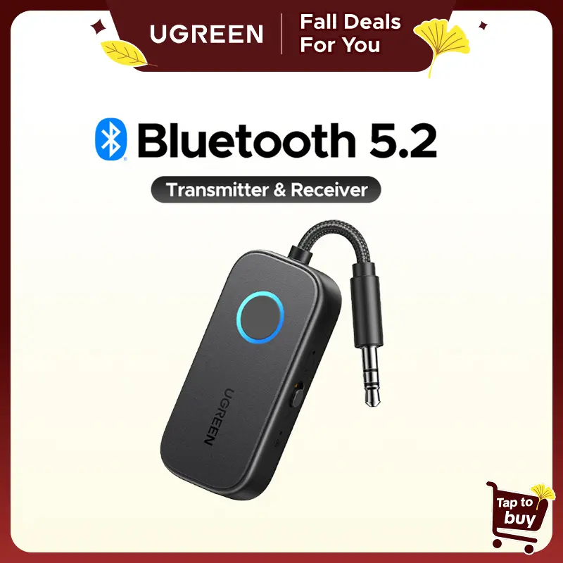 UGREEN 2-in-1 Model Bluetooth 5.2 Wireless Audio Transmitter-Receiver Adapter with Button, 3.5mm Headphone Accessories, Bluetooth Car Adapter, Compatible with Airpods/TV/MP3, Ideal for Flight Use, 24-Month Warranty