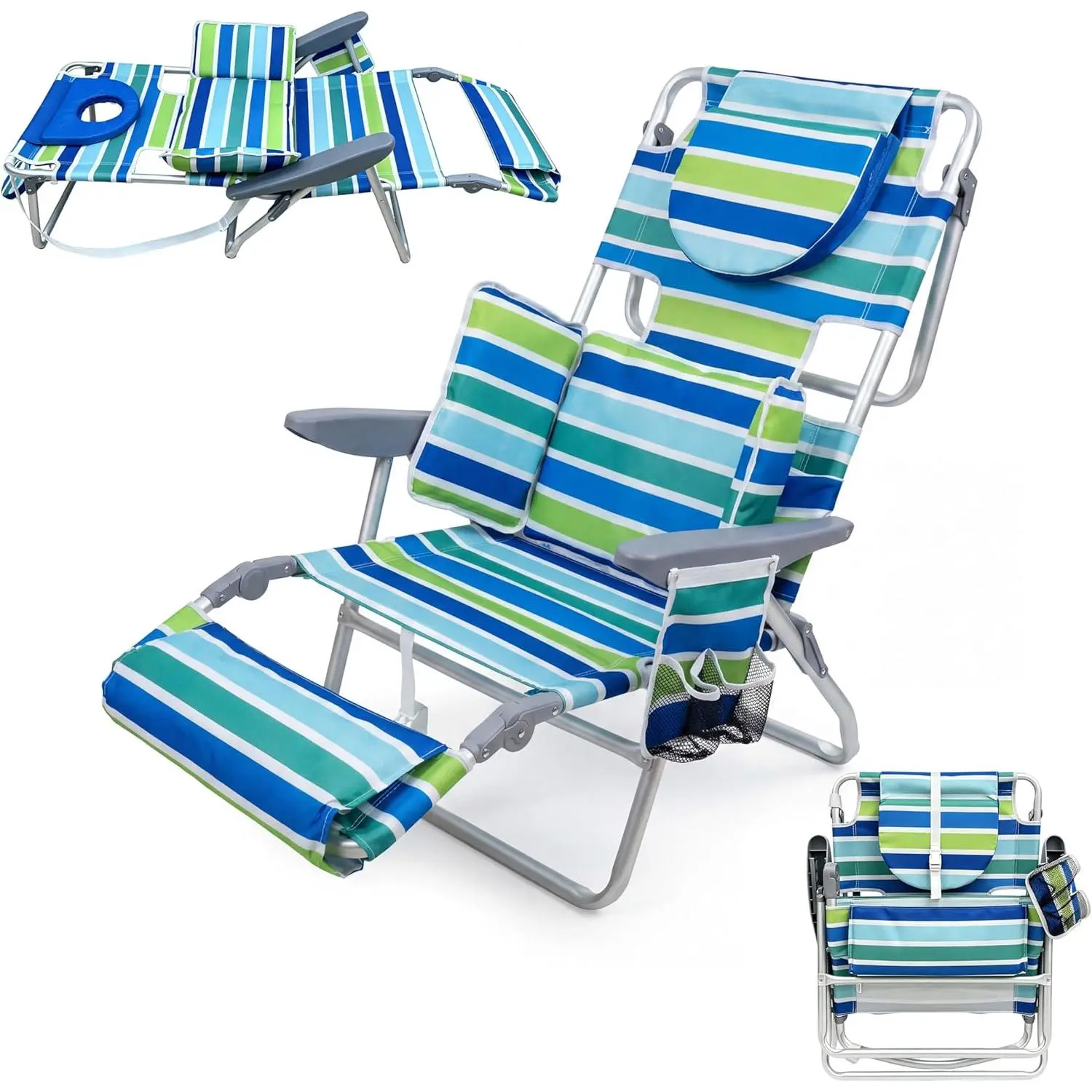 3-in-1 Folding Beach Chair with Face Hole, Adjustable Footrest, Storage Pocket, 330lb Capacity – Outdoor Seating Solutions for Beach, Patio, Lawn