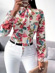 One women's colorful flower-printed bow tie-dye blouse with long sleeves, suitable for vacation, commuting and daily wear.